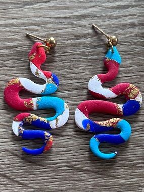 Handcrafted Multicolor Snake Drop Earrings Red White & Blue - Gold Accent